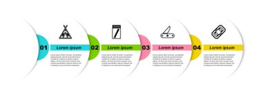 Sıra turist çadırı, kibrit kutusu ve kibrit kutusu, İsviçre çakısı ve rafting botu. Ticari bilgi şablonu. Vektör.