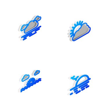 Isometric hattını, Güneş 'i, bulutları, Bulut' u, Günbatımını ve ikonu ayarla. Vektör.