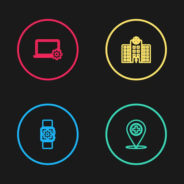 Set Lijn Smartwatch Instelling Medische Locatie Met Kruis Ziekenhuis Gebouw — Stockvector