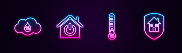 Set line Humidity, Smart home,  and House under protection. Glowing neon icon. Vector.