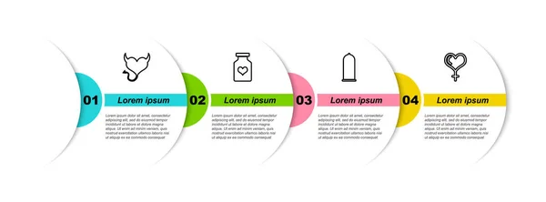 设置直线魔鬼心脏与角 药瓶药丸的效力 安全套安全性行为和女性性别和 业务信息模板 — 图库矢量图片