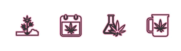 Set Line Plantación Marihuana Tubo Ensayo Con Calendario Taza Icono — Vector de stock