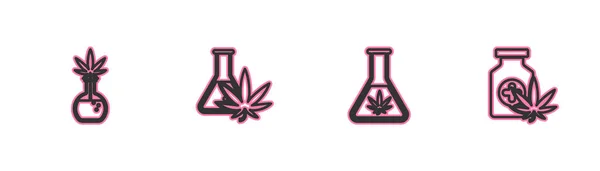 Réglez Ligne Éprouvette Avec Marijuana Icône Bouteille Médicale Vecteur — Image vectorielle