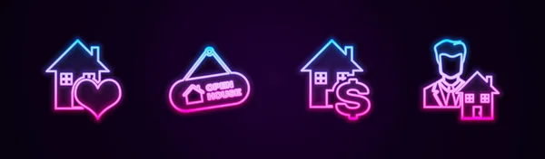 ハート型のセットラインハウス ハンギングサインオープンハウス ドルと不動産業者 ネオンのアイコンを光る ベクトル — ストックベクタ