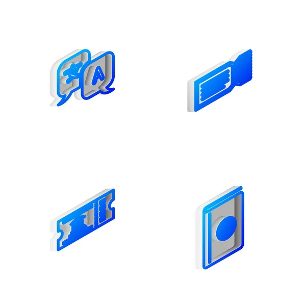 Sett Isometric Line Ticket Translator Museumsbillett Dekkbokreisehåndbok Ikon Vektor – stockvektor