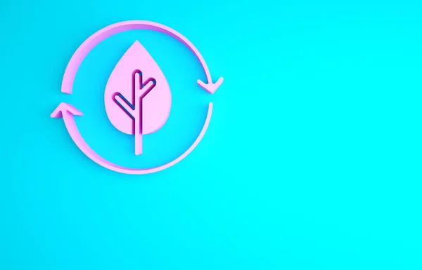 Pink Recycle symbol and leaf icon isolated on blue background. Environment recyclable go green. Minimalism concept. 3d illustration 3D render.