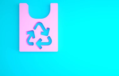 Mavi arka planda izole edilmiş geri dönüşüm simgesine sahip pembe plastik torba. Geri dönüşüm sembollü çanta. Minimalizm kavramı. 3d illüstrasyon 3B canlandırma.