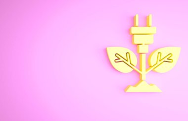 Yaprak simgesinde sarı elektrik prizi pembe arka planda izole edildi. Elektrik tasarrufu. Çevresel koruma. Biyolojik enerji. Minimalizm kavramı. 3d illüstrasyon 3B canlandırma.
