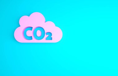 Bulut simgesindeki pembe CO2 emisyonları mavi arka planda izole edildi. Karbondioksit formülü, duman kirliliği konsepti, çevre konsepti. Minimalizm kavramı. 3d illüstrasyon 3B canlandırma.