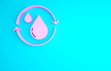 Pembe Geri Dönüşüm Temiz Su simgesi mavi arkaplanda izole edildi. İşaret geri dönüşümlü bir damla su. Minimalizm kavramı. 3d illüstrasyon 3B canlandırma.