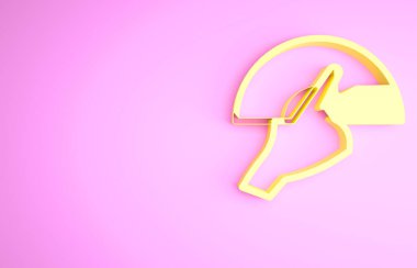 Açık fan flamenko aksesuar ikonuna sahip sarı kadın eli pembe arka planda izole edilmiş. Minimalizm kavramı. 3d illüstrasyon 3B canlandırma.