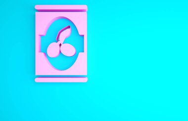 Mavi arka planda pembe zeytin kutusu simgesi izole edildi. Konserve yiyecek kavramı. Minimalizm kavramı. 3d illüstrasyon 3B canlandırma.