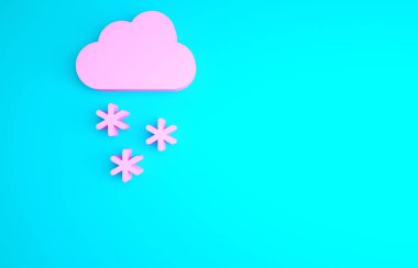 Mavi arka planda kar ikonu olan pembe bulutlar. Kar taneli bulut. Tek hava ikonu. Kar tabelası. Minimalizm kavramı. 3d illüstrasyon 3B canlandırma.
