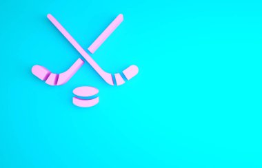 Pembe buz hokeyi sopaları ve disk ikonu mavi arka planda izole edilmiş. Oyun başlasın. Minimalizm kavramı. 3d illüstrasyon 3B canlandırma.