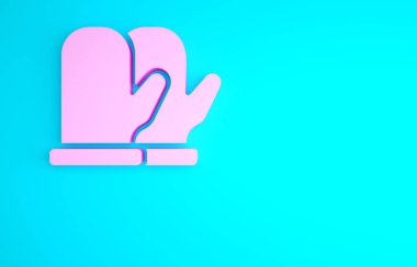 Mavi arka planda izole edilmiş pembe Noel eldiveni simgesi. Minimalizm kavramı. 3d illüstrasyon 3B canlandırma.