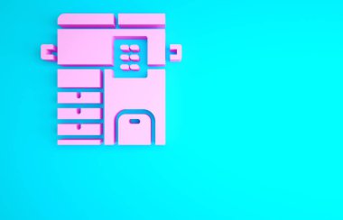 Pembe Ofis çoklu işlevli yazıcı kopyalama makinesi simgesi mavi arkaplanda izole edildi. Minimalizm kavramı. 3d illüstrasyon 3B canlandırma.