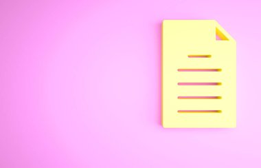 Sarı Dosya belgesi simgesi pembe arkaplanda izole edildi. Kontrol listesi simgesi. İş konsepti. Minimalizm kavramı. 3d illüstrasyon 3B canlandırma.