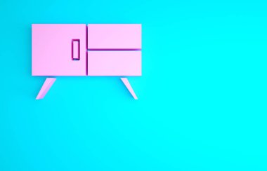 Mavi arkaplanda pembe çekmece simgesi izole edildi. Minimalizm kavramı. 3d illüstrasyon 3B canlandırma.