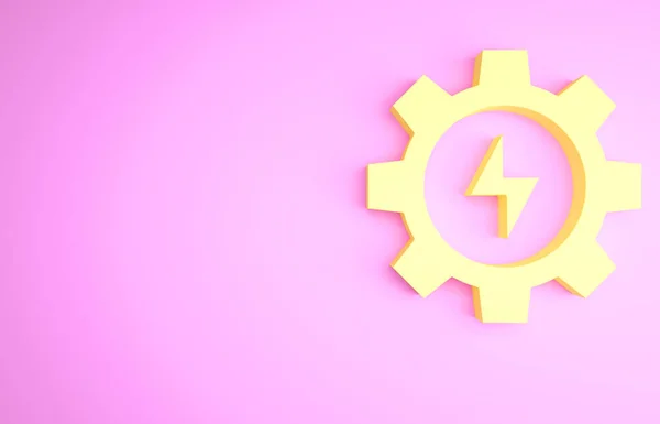 ピンクの背景に黄色のギアと稲妻のアイコンが隔離されている 電力だ 稲妻のサインだ 最小限の概念 3Dイラスト3Dレンダリング — ストック写真