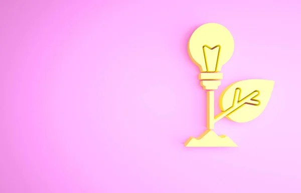 Жовта Лампочка Іконою Листя Ізольована Рожевому Фоні Концепція Екологічної Енергетики — стокове фото