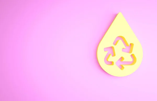 ピンクの背景に隔離された黄色のリサイクルきれいなアクアアイコン 看板リサイクルで水のドロップ 最小限の概念 3Dイラスト3Dレンダリング — ストック写真
