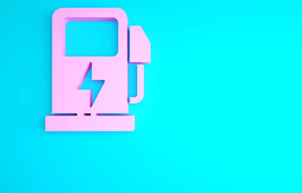 Rosa Elektrisk Bil Laddstation Ikon Isolerad Blå Bakgrund Ekoelektrisk Bränslepumpskylt — Stockfoto