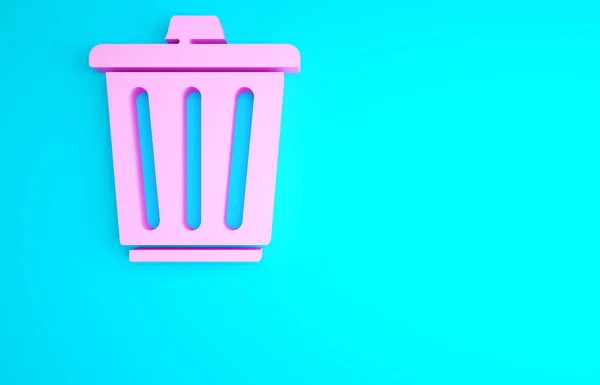 Pink Trash can icon isolated on blue background. Garbage bin sign. Recycle basket icon. Office trash icon. Minimalism concept. 3d illustration 3D render.