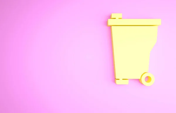 黄色のゴミ箱はピンクの背景に隔離されたアイコンができます ゴミのゴミ箱の看板 リサイクルバスケットのアイコン オフィスのゴミアイコン 最小限の概念 3Dイラスト3Dレンダリング — ストック写真