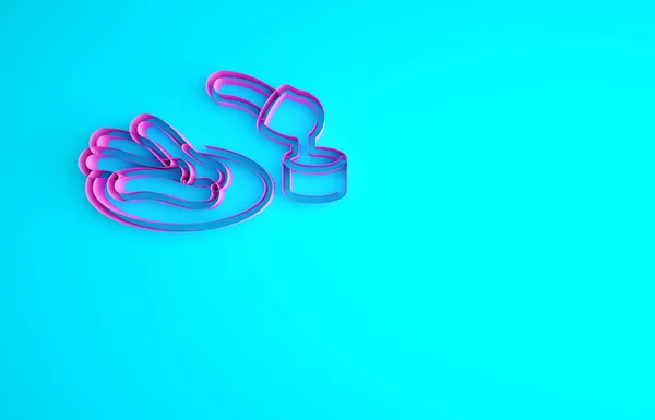 ピンクのチュロスとチョコレートのアイコンが青の背景に隔離されています 伝統的なスペインのデザート ヨーロッパのストリートフード 最小限の概念 3Dイラスト3Dレンダリング — ストック写真