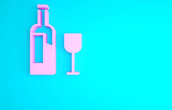 Garrafa Vinho Rosa Com Ícone Vidro Isolado Fundo Azul Conceito — Fotografia de Stock