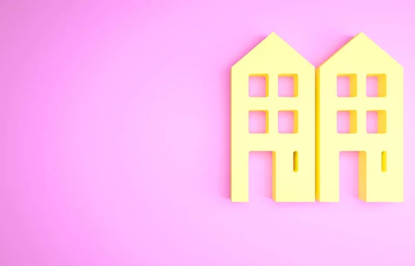 黄色的房子图标孤立在粉红色的背景上 家庭标志 最低纲领的概念 3D渲染3D插图 — 图库照片