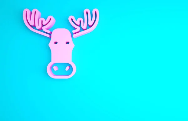 粉色麋鹿头与角图标隔离在蓝色背景 最低纲领的概念 3D渲染3D插图 — 图库照片
