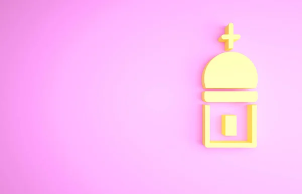 Gul Kristen Kirketårnikon Isolert Rosa Bakgrunn Kirkens Religion Minimaliseringskonsept Illustrasjon – stockfoto