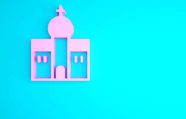 Pink Church building icon isolated on blue background. Christian Church. Religion of church. Minimalism concept. 3d illustration 3D render.