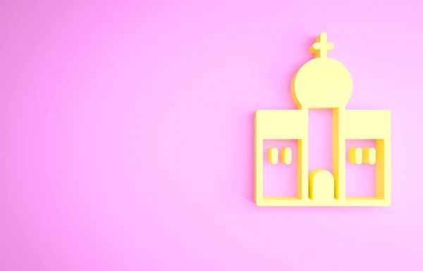 ピンクの背景に隔離された黄色の教会の建物のアイコン キリスト教会 教会の宗教 最小限の概念 3Dイラスト3Dレンダリング — ストック写真