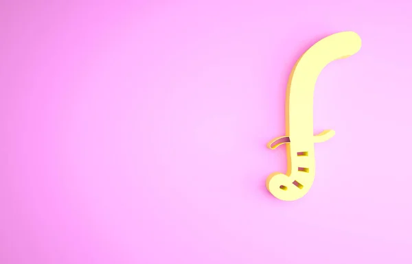 Yellow Medieval sword icon isolated on pink background. Medieval weapon. Minimalism concept. 3d illustration 3D render.