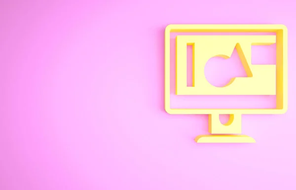 ピンクの背景に隔離された黄色のコンピュータのモニター画面アイコン 電子機器だ 正面図 最小限の概念 3Dイラスト3Dレンダリング — ストック写真