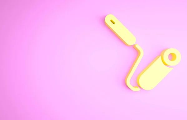 ピンクの背景に隔離された黄色のペイントローラーブラシアイコン 最小限の概念 3Dイラスト3Dレンダリング — ストック写真
