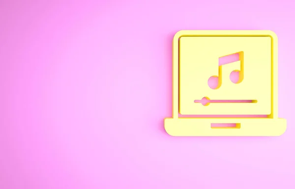 ピンクの背景に隔離された画面アイコン上の音楽ノート記号と黄色のラップトップ 最小限の概念 3Dイラスト3Dレンダリング — ストック写真