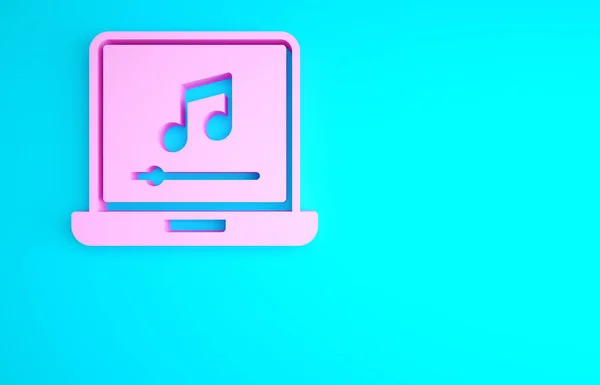 粉色笔记本电脑 屏幕图标上有音乐符号 蓝色背景隔离 最低纲领的概念 3D渲染3D插图 — 图库照片