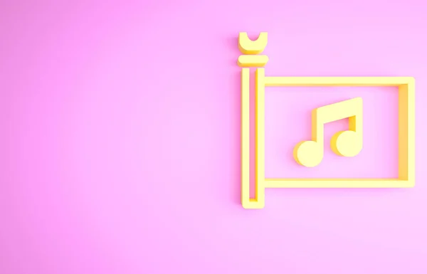 黄色の音楽祭 アクセス フラグ ピンクの背景に隔離された音楽ノートアイコン 最小限の概念 3Dイラスト3Dレンダリング — ストック写真
