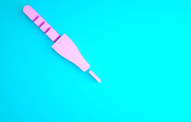 Pembe Ses Jack simgesi mavi arkaplanda izole edildi. Bağlantı ses ekipmanları için ses kablosu. Fiş kablosu. Müzik aleti. Minimalizm kavramı. 3d illüstrasyon 3B canlandırma.