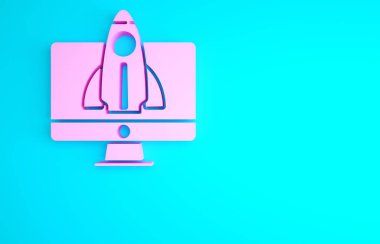 Pembe İş Başlangıcı proje konsepti simgesi mavi arkaplanda izole edildi. Yeni iş, girişimcilik, yenilik ve teknolojinin sembolü. Minimalizm kavramı. 3d illüstrasyon 3B canlandırma.