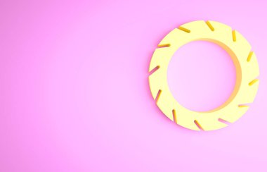 Sarı bisiklet tekerleği ikonu pembe arka planda izole edilmiş. Bisiklet yarışı. Olağanüstü bir spor. Spor malzemeleri. Minimalizm kavramı. 3d illüstrasyon 3B canlandırma.