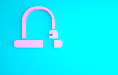 Mavi arka planda izole edilmiş sanayi ikonu şeklinde pembe bisiklet kilidi. Minimalizm kavramı. 3d illüstrasyon 3B canlandırma.