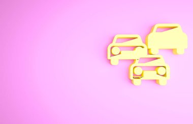 Pembe arka planda izole edilmiş yol simgesindeki sarı trafik sıkışıklığı. Yol ulaşımı. Minimalizm kavramı. 3d illüstrasyon 3B canlandırma.
