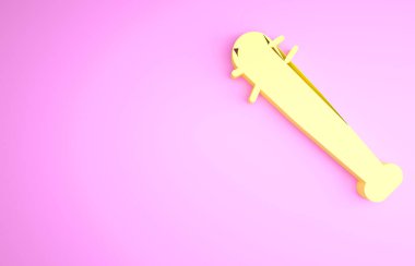 Pembe arka planda çivi simgesi olan sarı beyzbol sopası. Şiddetli silah. Minimalizm kavramı. 3d illüstrasyon 3B canlandırma.