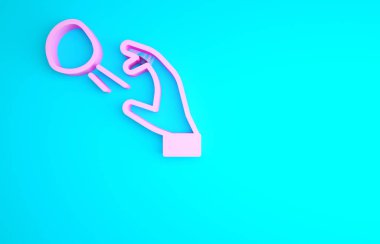 Pembe Hooligan mavi arka planda izole edilmiş küçük taşlar vuruyor. Göstericiyim. Minimalizm kavramı. 3d illüstrasyon 3B canlandırma.