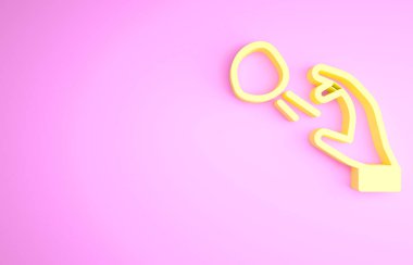 Sarı Hooligan pembe arka planda izole edilmiş küçük taşlar vuruyor. Göstericiyim. Minimalizm kavramı. 3d illüstrasyon 3B canlandırma.