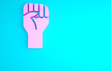 Mavi arka planda izole edilmiş, sıkılmış yumruk ikonu olan pembe kaldırılmış el. Protestocu siyasi bir gösteride yumruğunu kaldırdı. Güçlendirme. Minimalizm kavramı. 3d illüstrasyon 3B canlandırma.